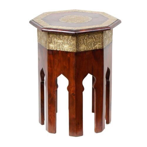 Orientalischer Holz Beistelltisch Meena achteckig Braun Gold mit Messing verziert