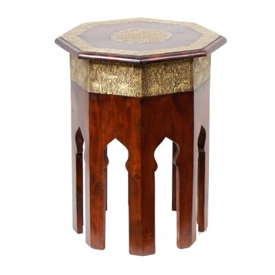 Tavolino orientale in legno Meena ottagonale marrone dorato decorato con ottone