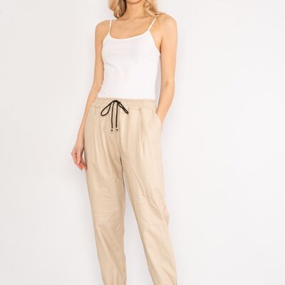 Beige leather effect trousers with drawstring waist
