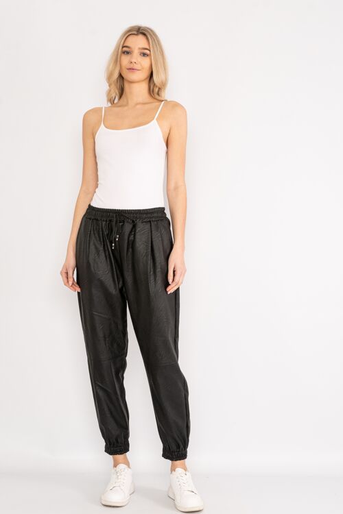 Black leather effect trousers with drawstring waist