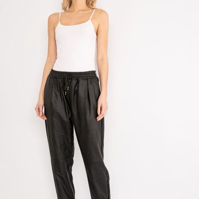 Black leather effect trousers with drawstring waist