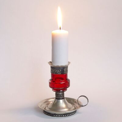 Marokkanischer Kerzenhalter Aladin Rot Silber aus Metall & Glas handgefertigt