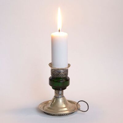 Moroccan Candle Holder Aladin Green Metal & Glass handmade candle holder with ring