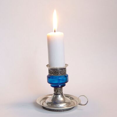 Moroccan Candle Holder Aladin Blue Silver Metal & Glass handmade candle holder