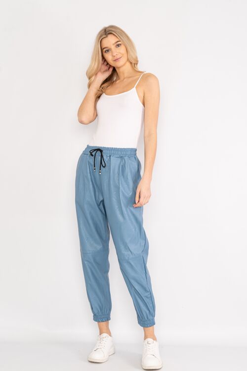 Blue leather effect trousers with drawstring waist