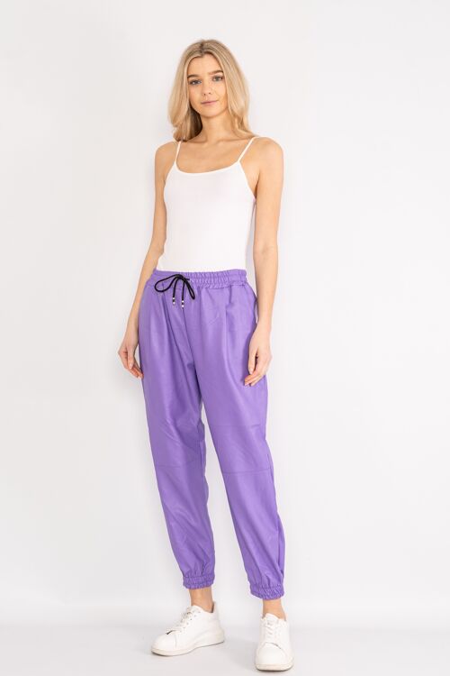 Purple leather effect trousers with drawstring waist