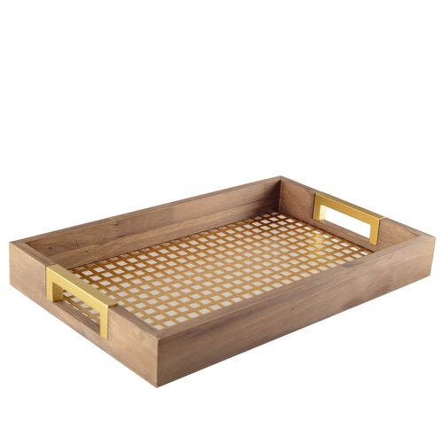 PLATEAU EN BOIS AVEC POIGNEES DOREES 40X25X5CM