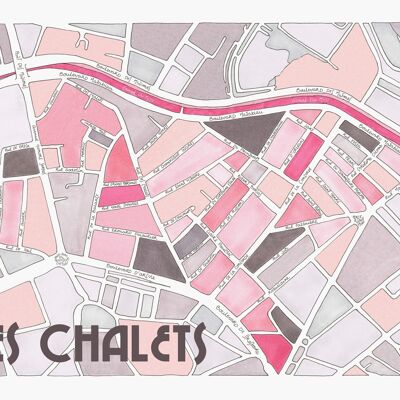 CARTEL Ilustración Mapa del distrito de Les CHALETS, TOULOUSE