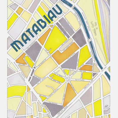 Cartel del mapa de la ciudad de TOULOUSE, distrito de MATABIAU - Ilustración hecha a mano