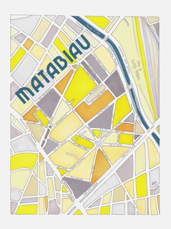 Affiche Plan de Ville TOULOUSE, quartier MATABIAU - Illustration fait main 1