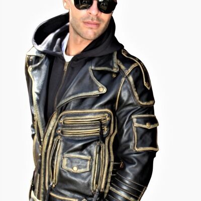Biker jacket leather jacket made of GENUINE leather with black hoodie