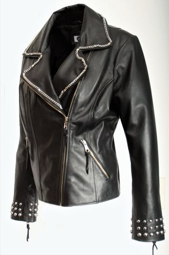 Blouson motard en CUIR VÉRITABLE avec rivets et chaînes 2