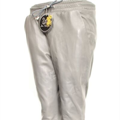 Pantalón jogging a modo de pantalón de piel fabricado en piel AUTÉNTICA en color gris