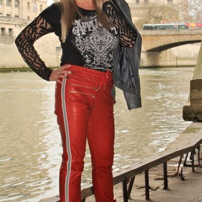 Sweatpants as leather pants GENUINE leather side stripes in red