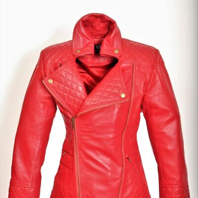 Leather biker jacket made of GENUINE leather with quilting in red