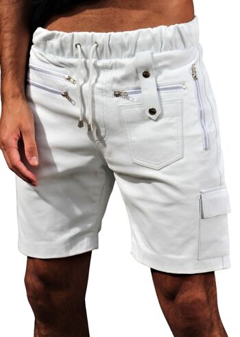 Pantalon cargo short en cuir en cuir VÉRITABLE souple en blanc 1