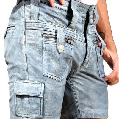 Leather shorts cargo pants in vintage look GENUINE LEATHER blue