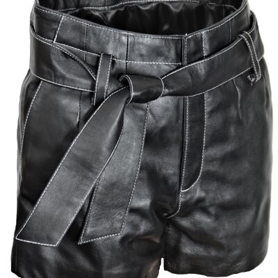 Leather shorts with belt made of GENUINE leather, elegant black