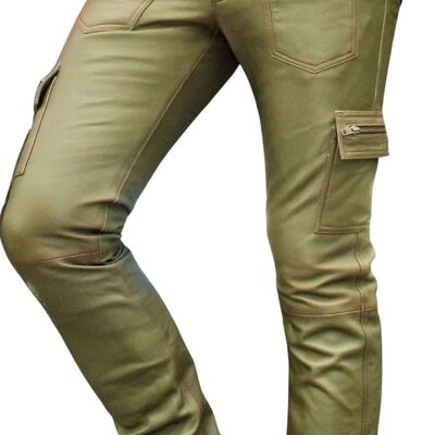 Pantalón de cuero - Cargo Style USED LOOK de CUERO AUTÉNTICO verde oliva