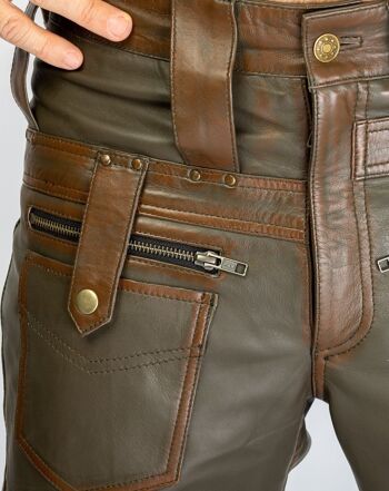 Pantalon en cuir - Style Cargo LOOK USED en CUIR VÉRITABLE olive 2