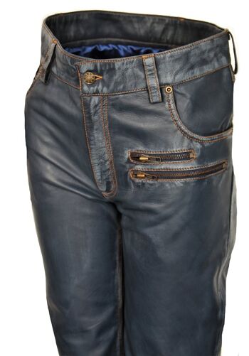 Pantalon en cuir comme jean en cuir de designer CUIR VÉRITABLE bleu foncé LOOK USÉ 1