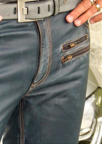 Pantalon en cuir comme jean en cuir de designer CUIR VÉRITABLE bleu foncé LOOK USÉ 6