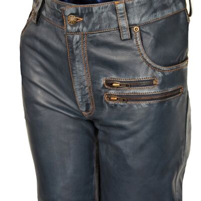 Leather pants as designer leather jeans in GENUINE leather dark blue USED LOOK