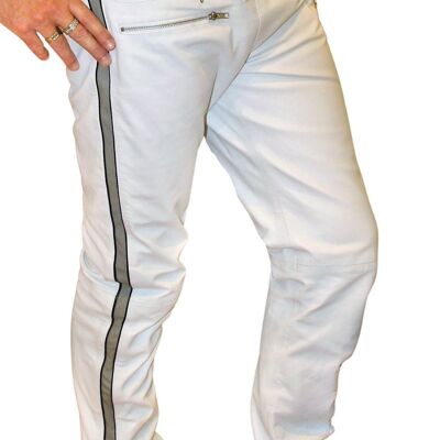 Leather pants as jogging pants in GENUINE leather white with side stripes