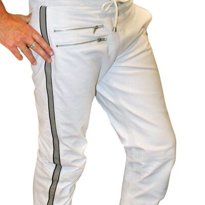 Pantalones de cuero a modo de jogging en cuero AUTÉNTICO blanco con bandas laterales