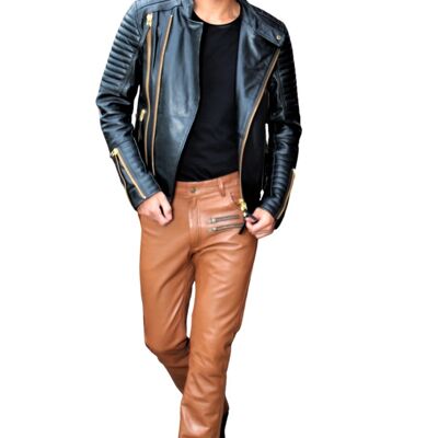 Pantalon en cuir jeans de designer en cuir en cuir VÉRITABLE cognac