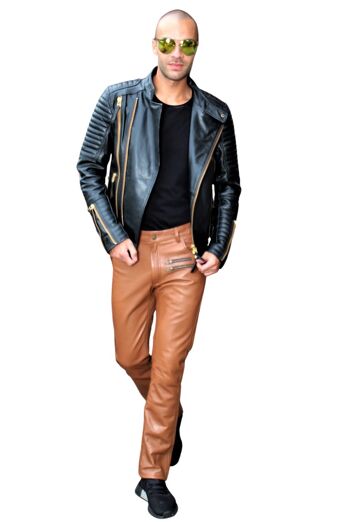Pantalon en cuir jeans de designer en cuir en cuir VÉRITABLE cognac 1
