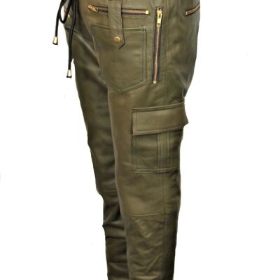 Leather pants designer jogging pants as cargo pants in GENUINE leather olive
