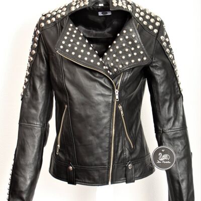 Giacca in pelle - giacca biker con molti rivetti in nero