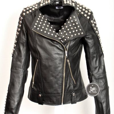 Leather jacket - biker jacket with many rivets in black