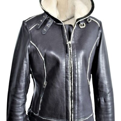 Leather jacket - Hoodie made of GENUINE leather with faux fur in a lambskin look