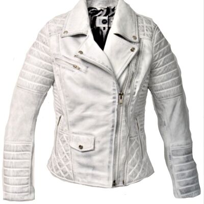 Veste en cuir en cuir VÉRITABLE avec surpiqûre au look usé blanc