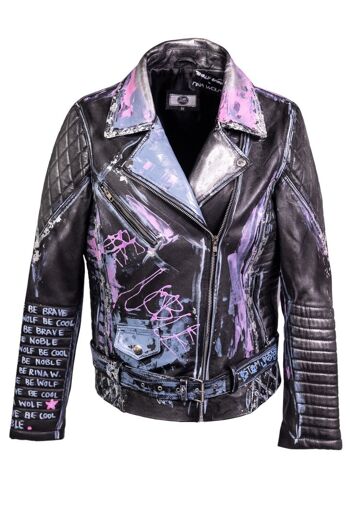 Blouson en cuir Blouson de motard en CUIR VÉRITABLE avec ceinture et graffiti