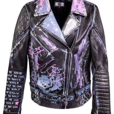 Leather jacket Biker jacket made of GENUINE LEATHER with belt and graffiti