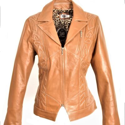 Leather jacket GENUINE leather with elegant quilting in cognac