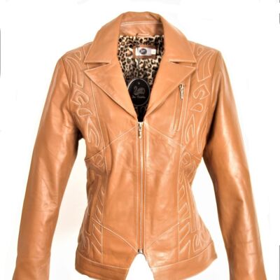 Leather jacket GENUINE leather with elegant quilting in cognac