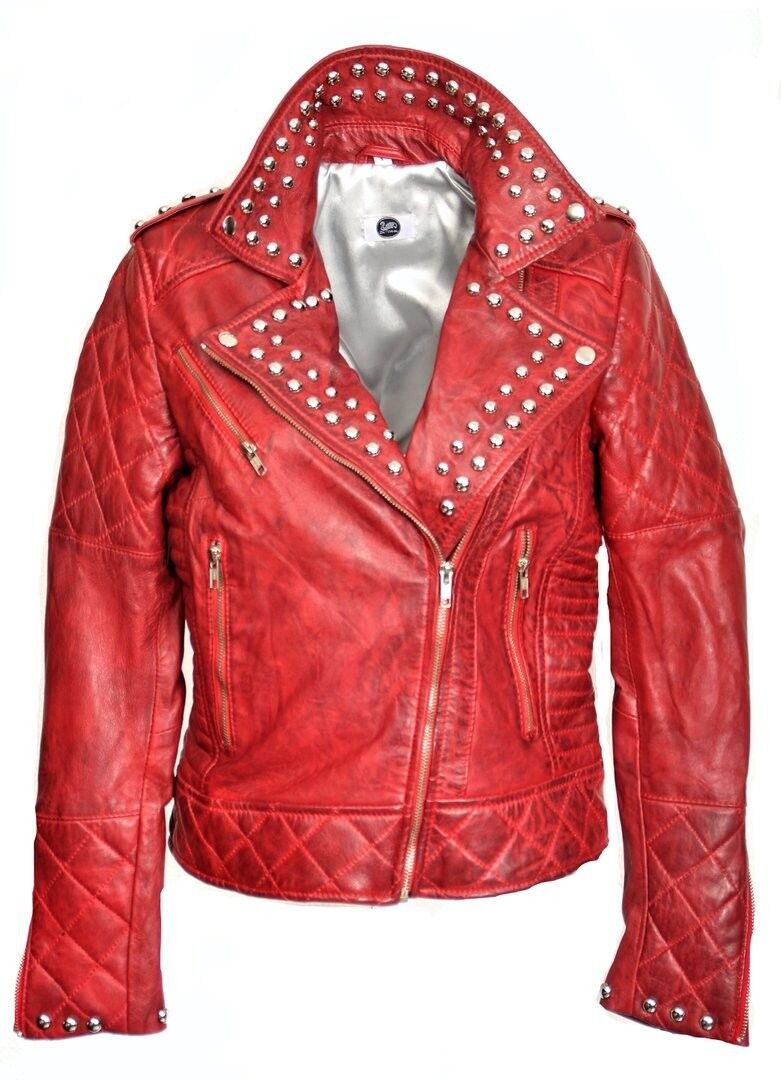 Compra Cazadora de piel estilo biker en color rojo con remaches al