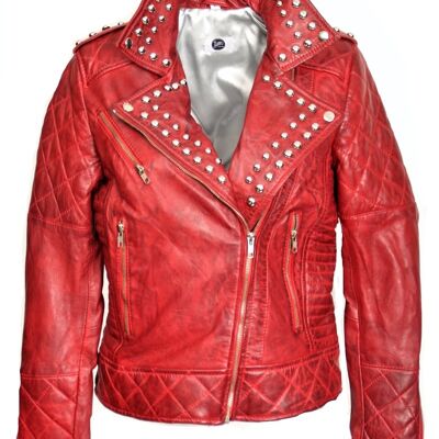 Blouson en cuir style motard rouge avec rivets