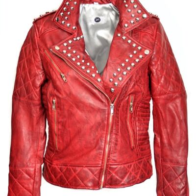 Biker style leather jacket in red with rivets