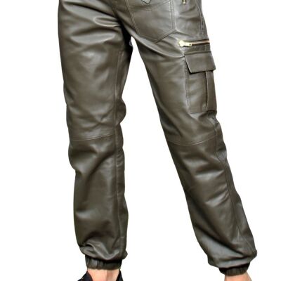 Leather jogging pants in olive with cargo pockets
