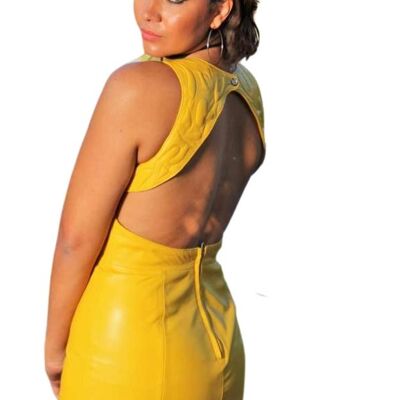 Leather dress GENUINE leather backless yellow