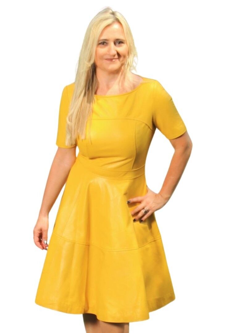 Vestido estilo A de cuero en cuero AUTÉNTICO amarillo -Boston-