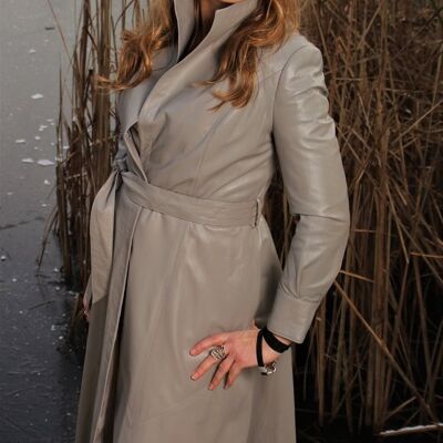 Leather coat made of genuine leather in gray with a belt