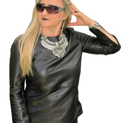 Camisa/pulóver de piel de napa de cordero AUTÉNTICA en color negro