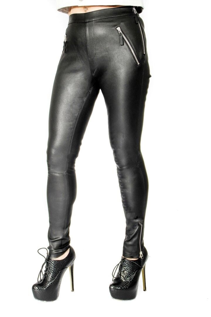 Pantalon en cuir stretch comme leggings en cuir VERITABLE noir avec fermetures a glissiere