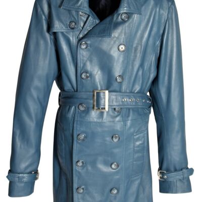 Trench comme manteau en cuir véritable cuir bleu pour homme